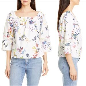 Tanya Taylor Stassi Floral Crochet Cotton Peasant Blouse - Size 8